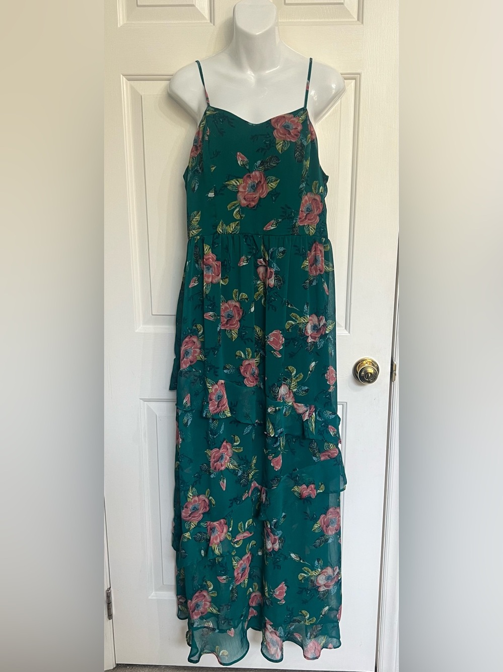 Xhilaration Teal Floral Ruffled Maxi Dress L
